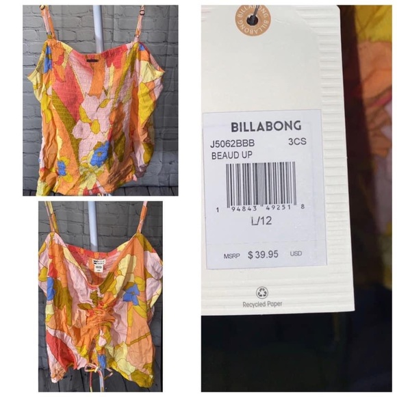 Billabong Orange and 70’s Floral Print Tank Top L NWT - Picture 4 of 6